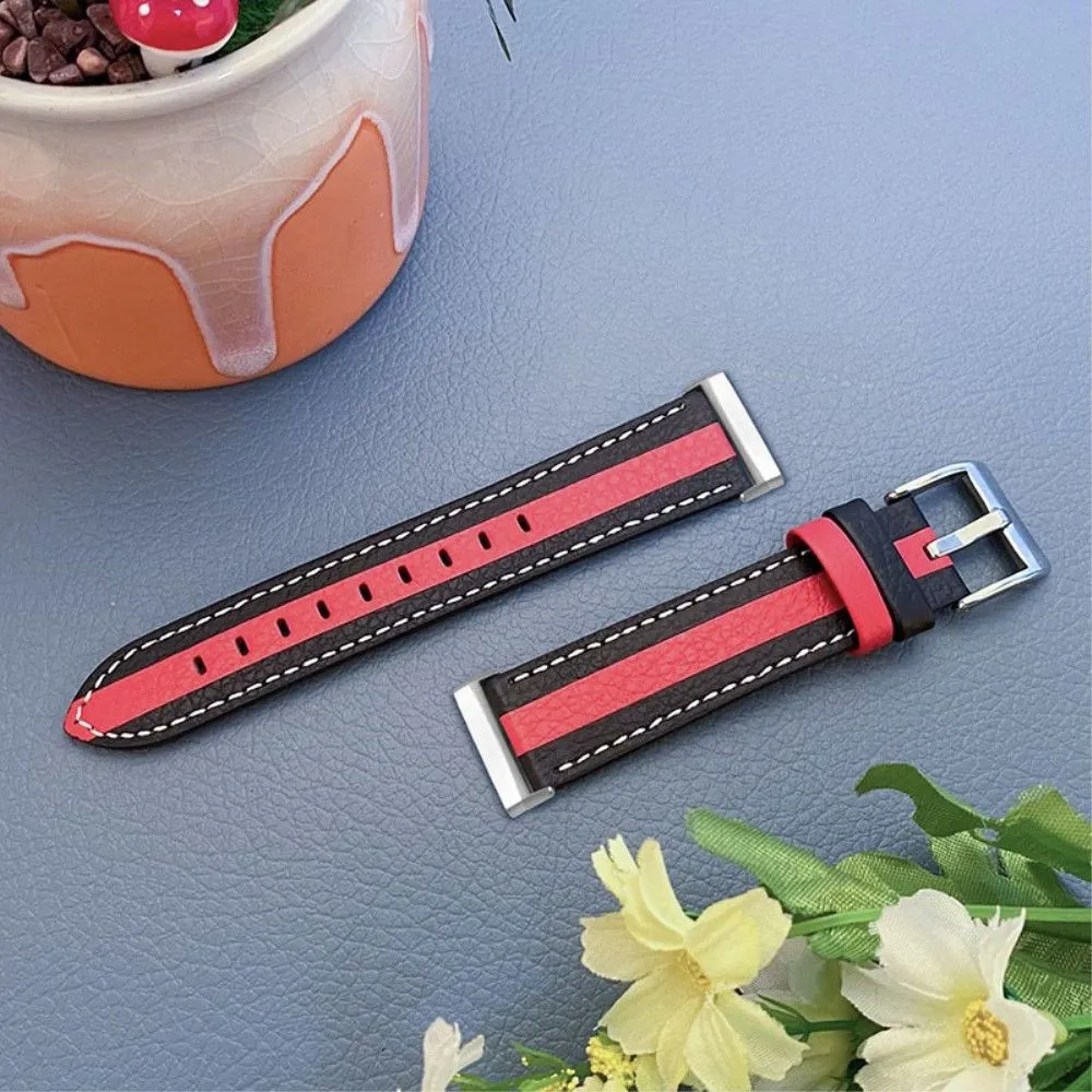 Fitbit Sense / Versa 3 splicing design cowhide leather watch strap - Black / Red