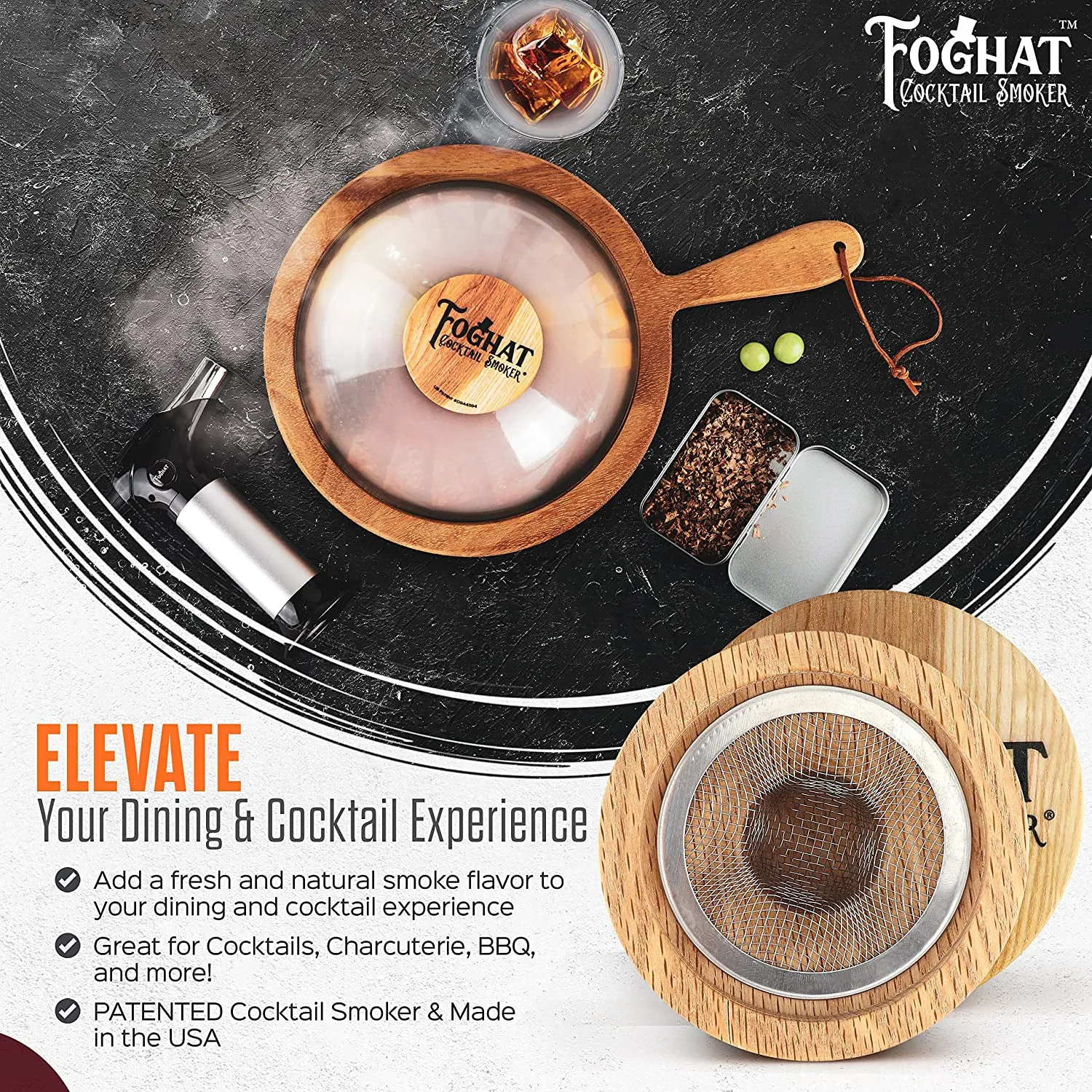 Foghat Charcuterie Cloche Set With Cocktail Smoker, Torch, Wood Fuel, & Butane