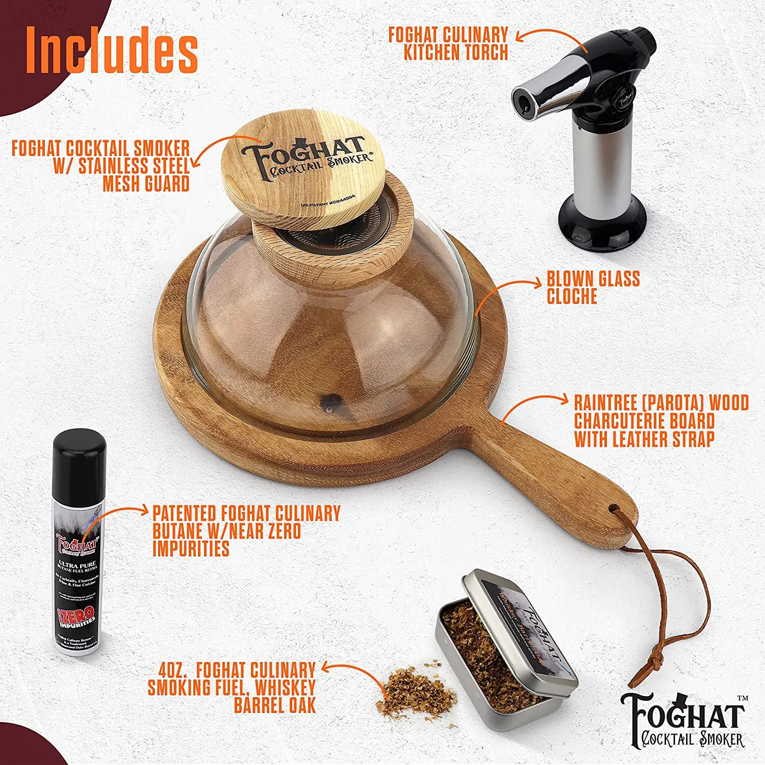 Foghat Charcuterie Cloche Set With Cocktail Smoker, Torch, Wood Fuel, & Butane