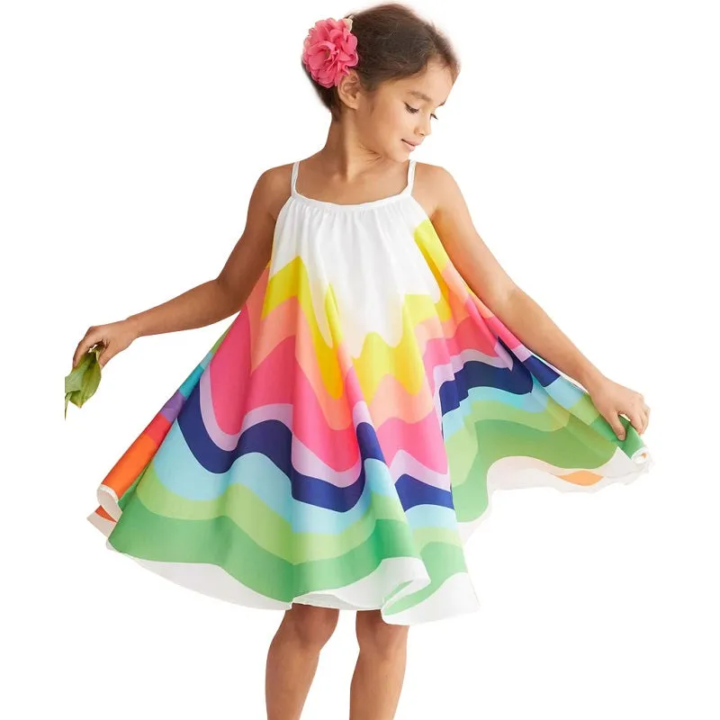 Girls Summer Rainbow Stripe Print Spaghetti Straps Dress