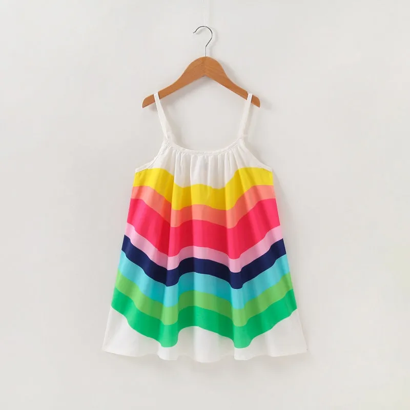 Girls Summer Rainbow Stripe Print Spaghetti Straps Dress