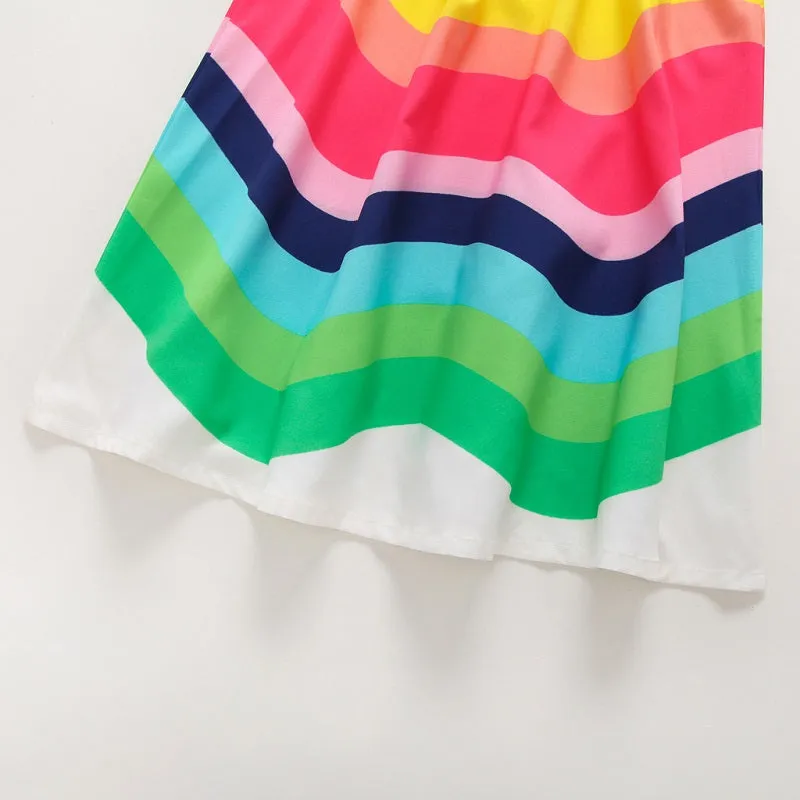 Girls Summer Rainbow Stripe Print Spaghetti Straps Dress