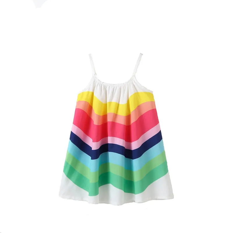 Girls Summer Rainbow Stripe Print Spaghetti Straps Dress