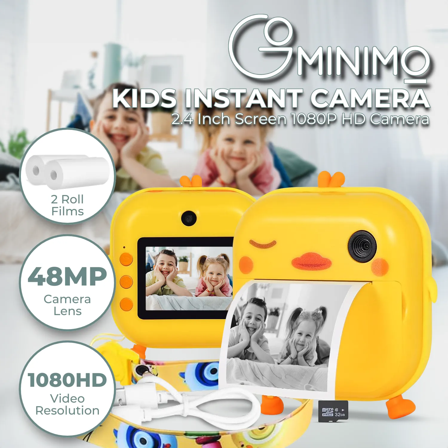 GOMINIMO Instant Print Camera for Kids with Print Paper and 32GB TF Card (Chick)