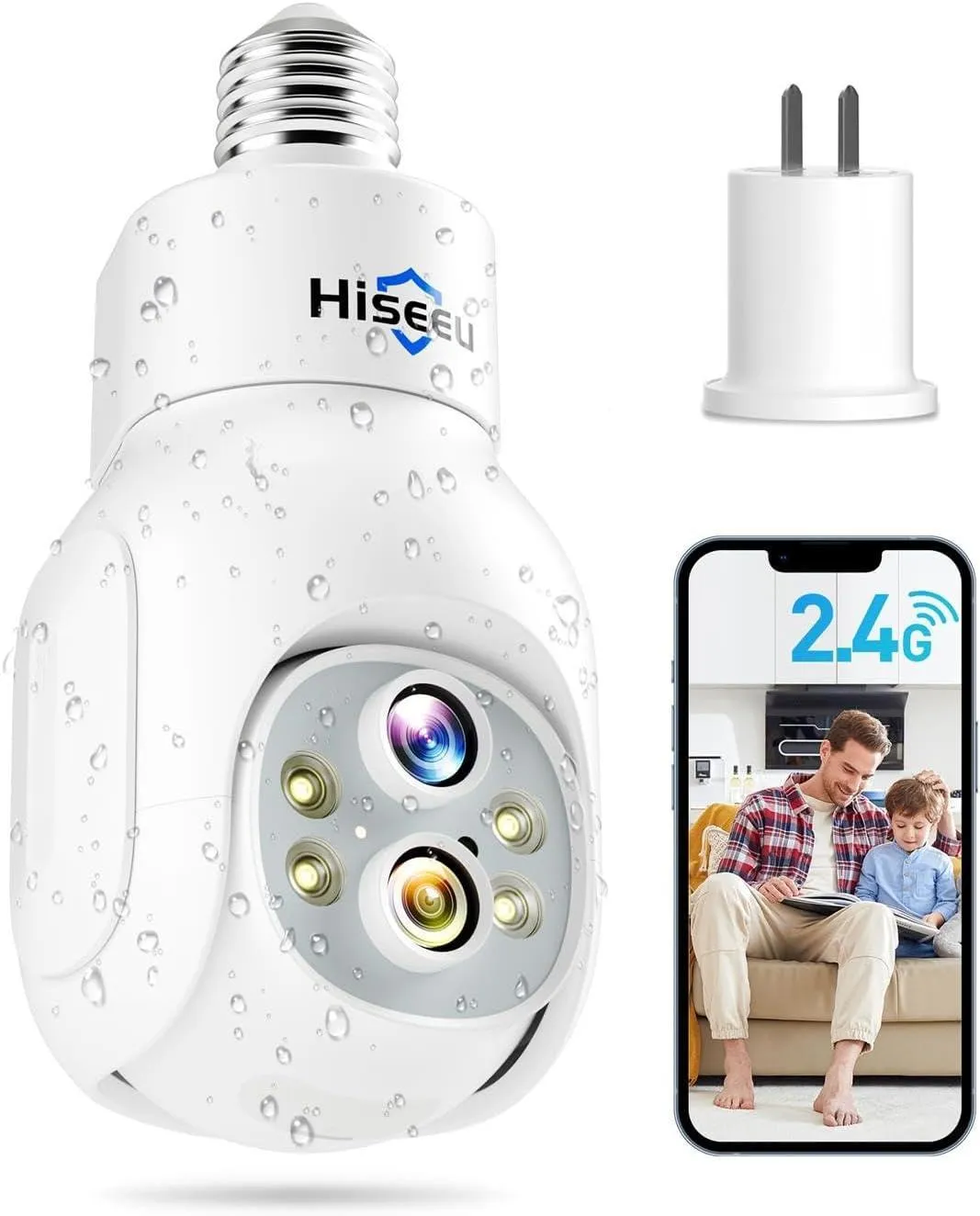 Hiseeu PTZ Light Bulb Security Camera Wireless 2.4GHz, 2-Way-Audio, 10X Zoom,Motion Detection and Alarm, 3MP IP65 Waterproof, Full Color Night Vision, SD& Cloud Storage, E26/E27 Socket