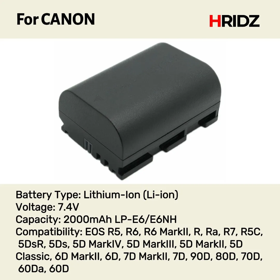 HRIDZ LP-E6 E6NH Battery for Canon EOS R7 R6 5D 6D 7D 80D 70D 60D LP-E6NH 60Da