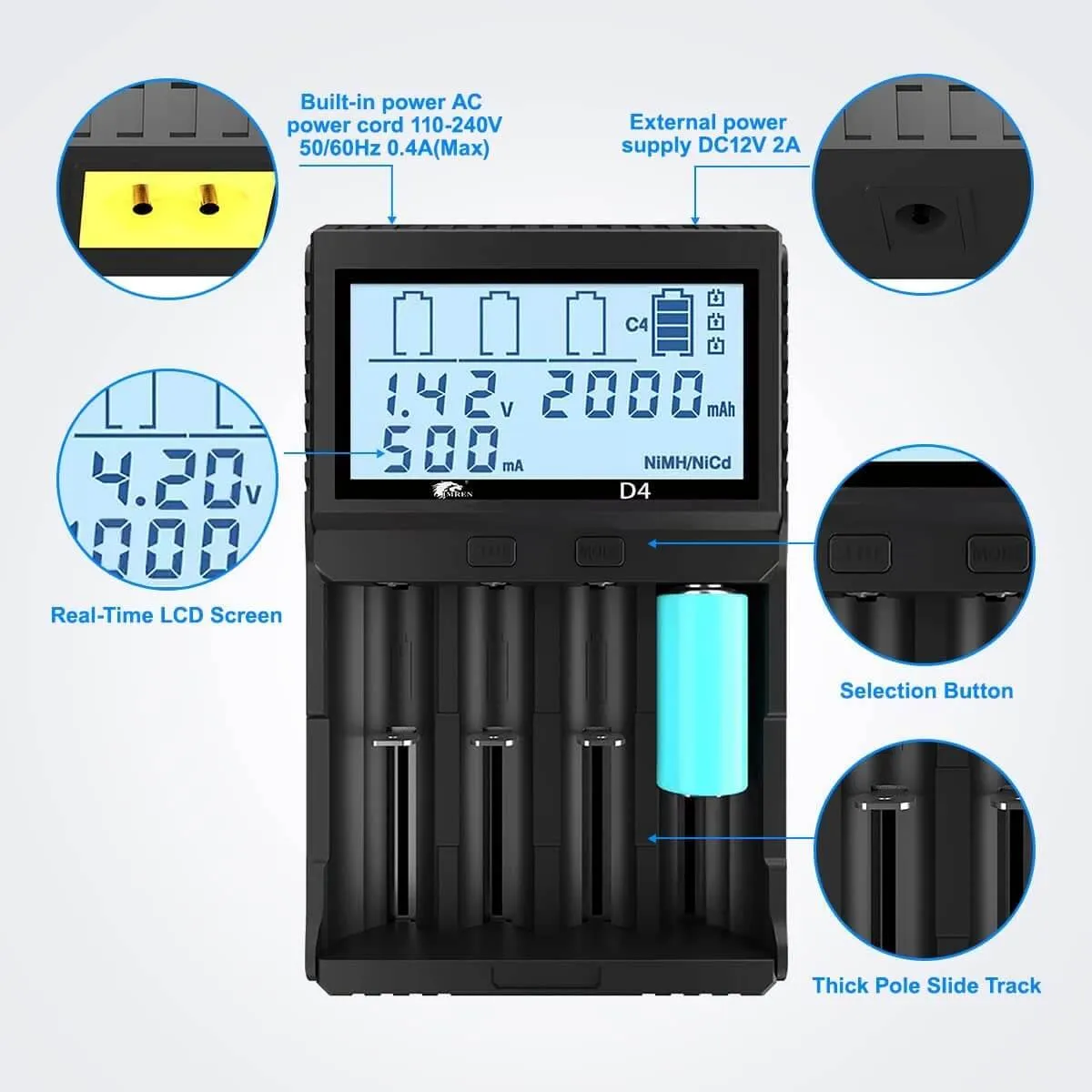 IMREN D4 4-Slot Universal Rechargeable Battery QC Charger with LCD Screen