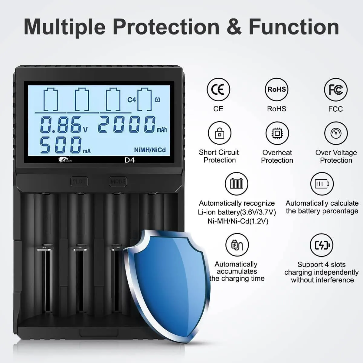 IMREN D4 4-Slot Universal Rechargeable Battery QC Charger with LCD Screen