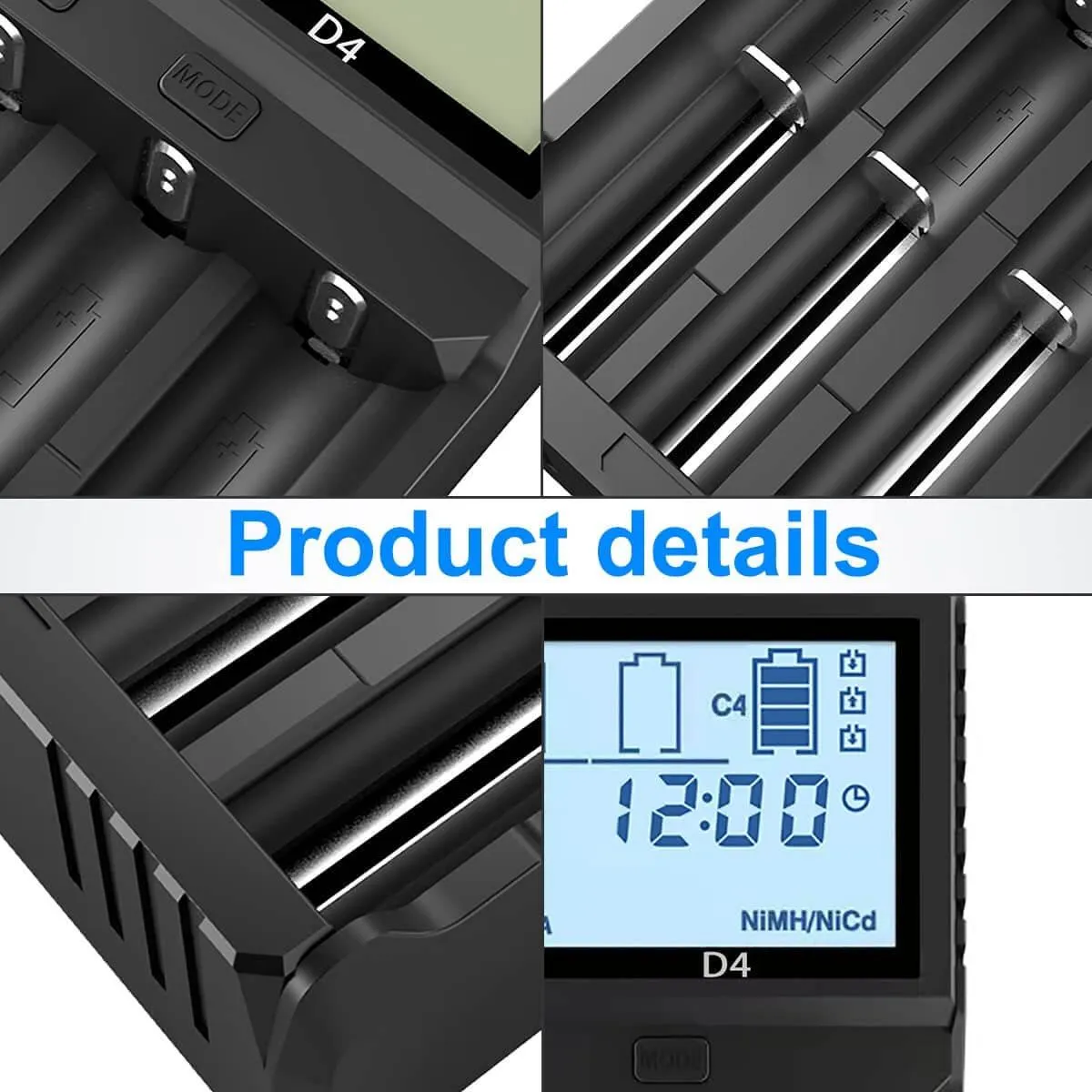 IMREN D4 4-Slot Universal Rechargeable Battery QC Charger with LCD Screen