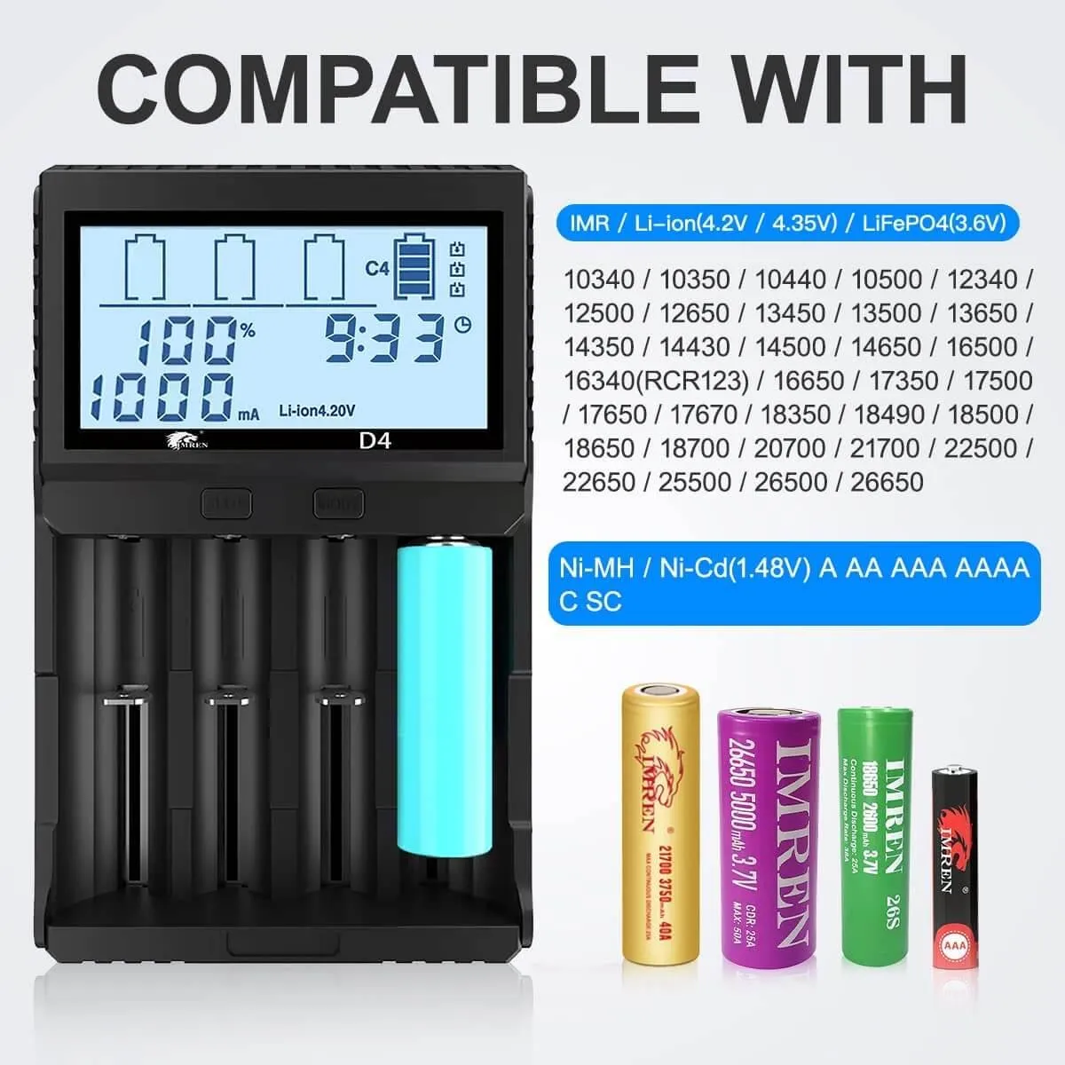 IMREN D4 4-Slot Universal Rechargeable Battery QC Charger with LCD Screen