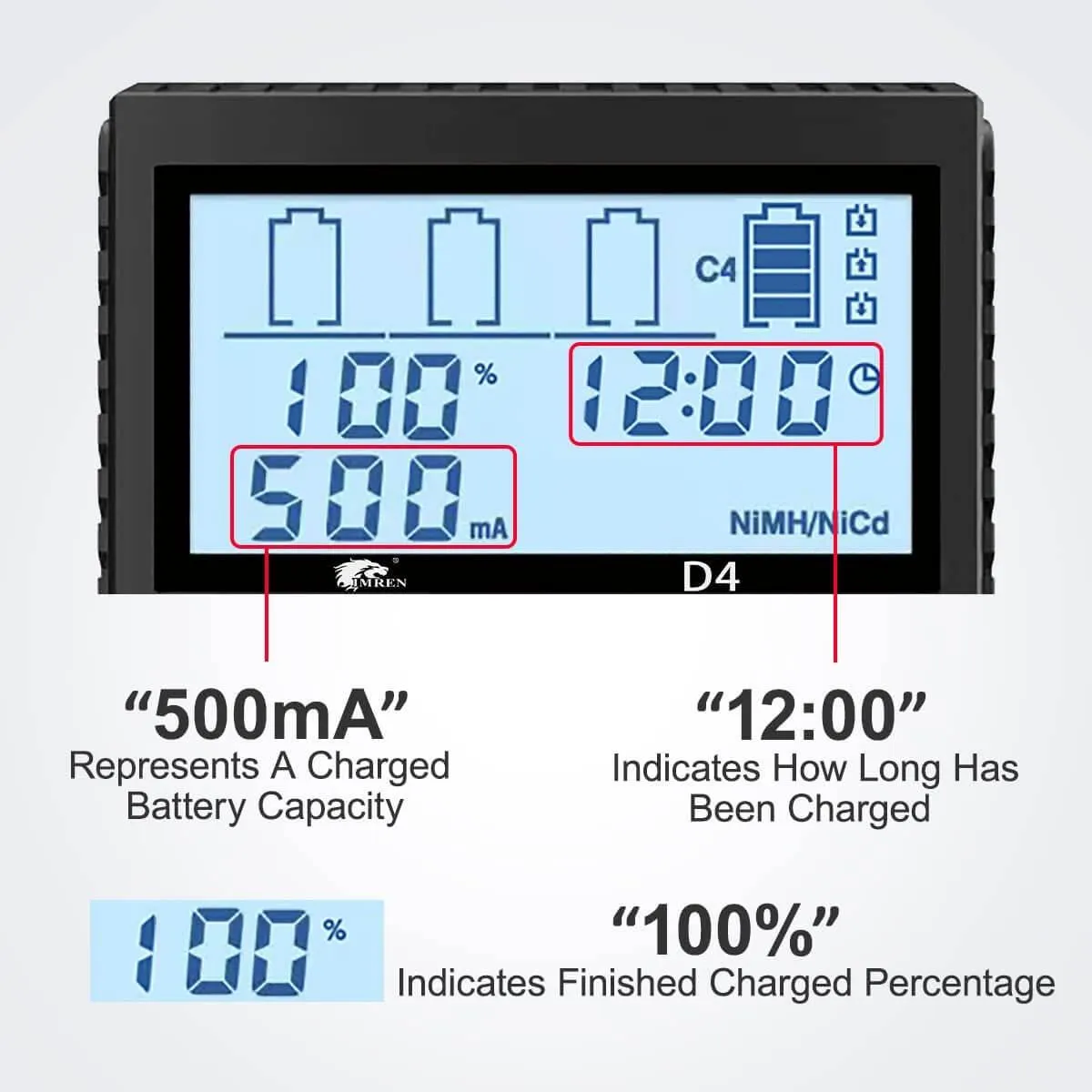 IMREN D4 4-Slot Universal Rechargeable Battery QC Charger with LCD Screen