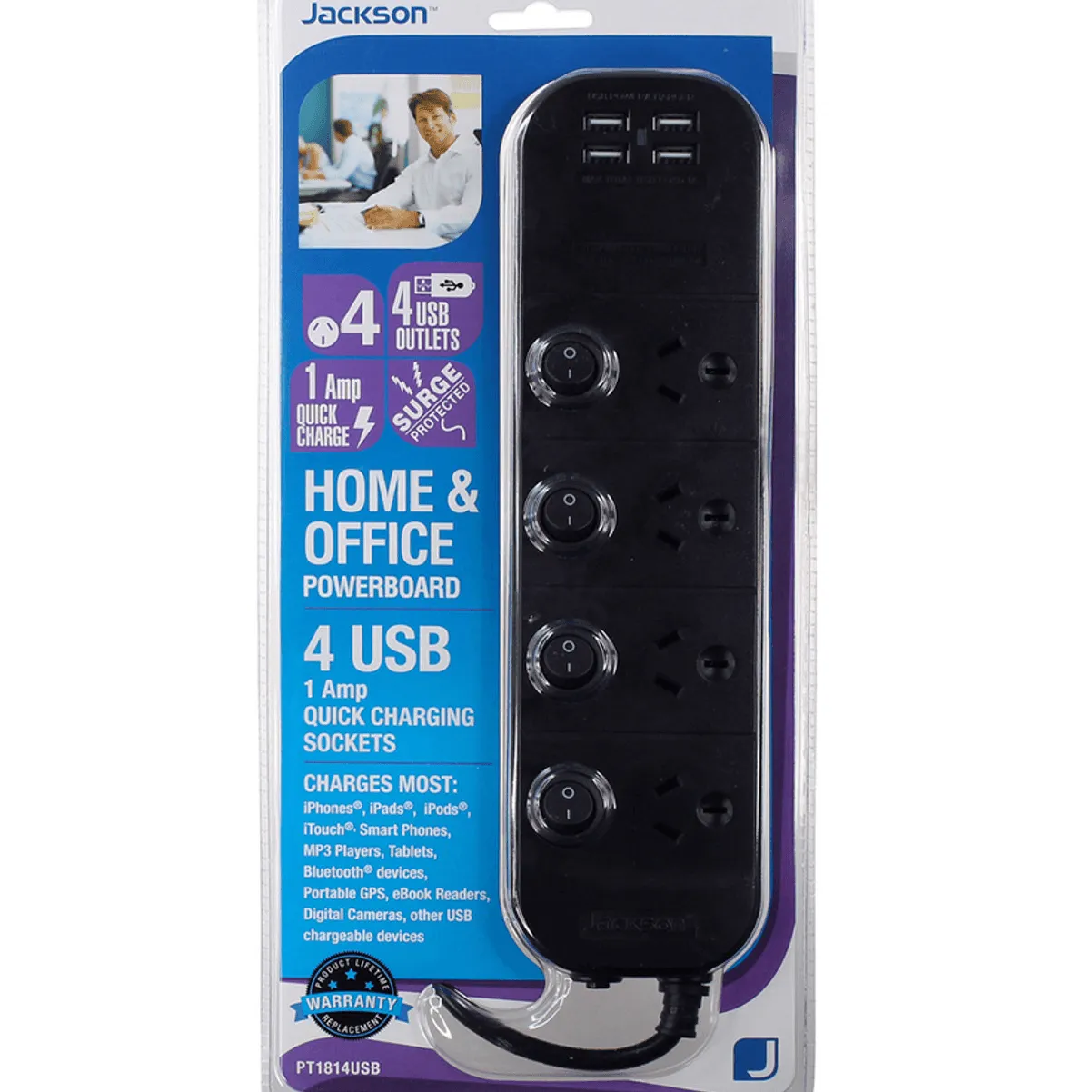 Jackson PT1814USB 4 Outlet Surge Protected Individually Switched Powerboard USB Charging Ports 1m