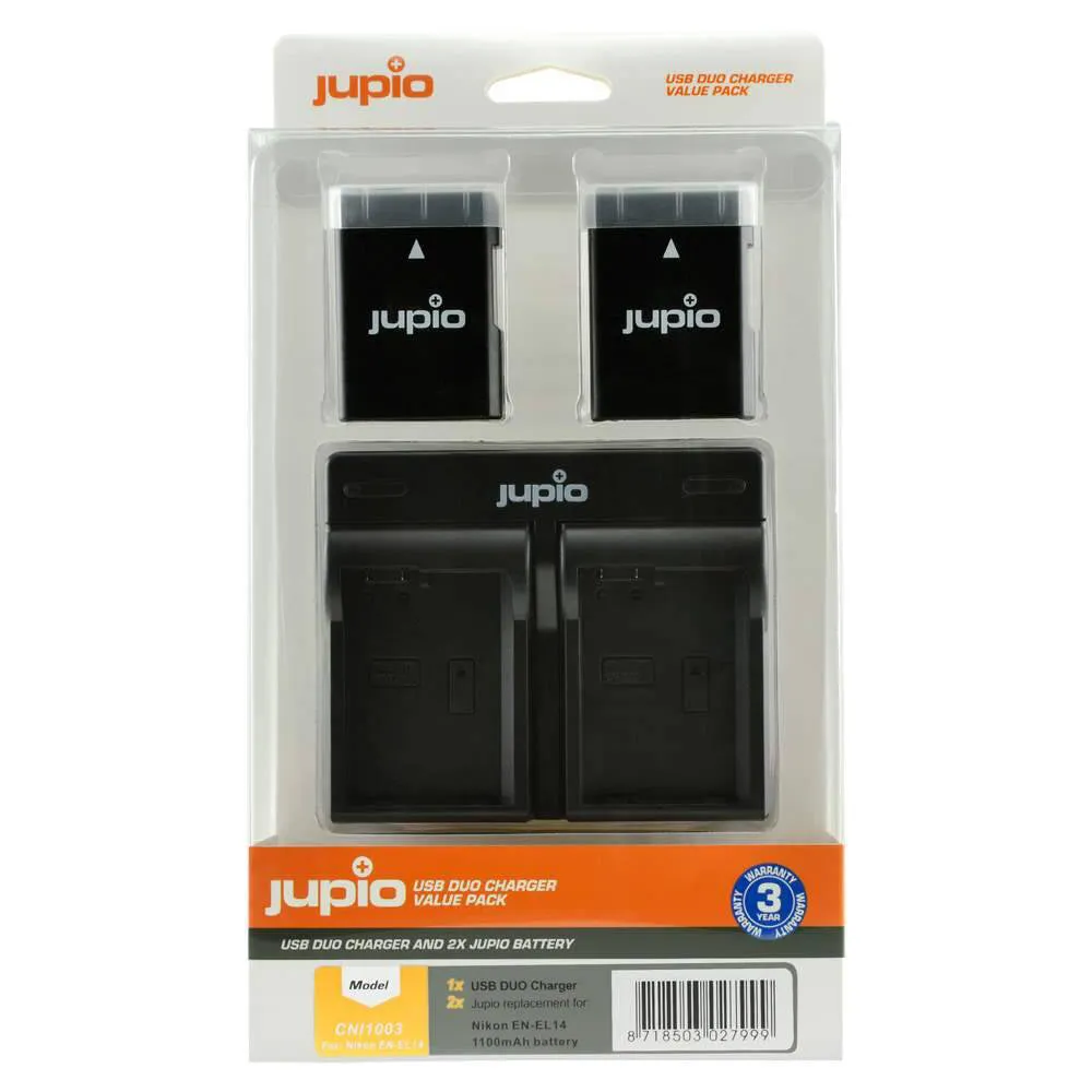 Jupio 2x Battery 1100mAh & USB Dual Charger Kit For Nikon EN-EL14/EN-EL14A