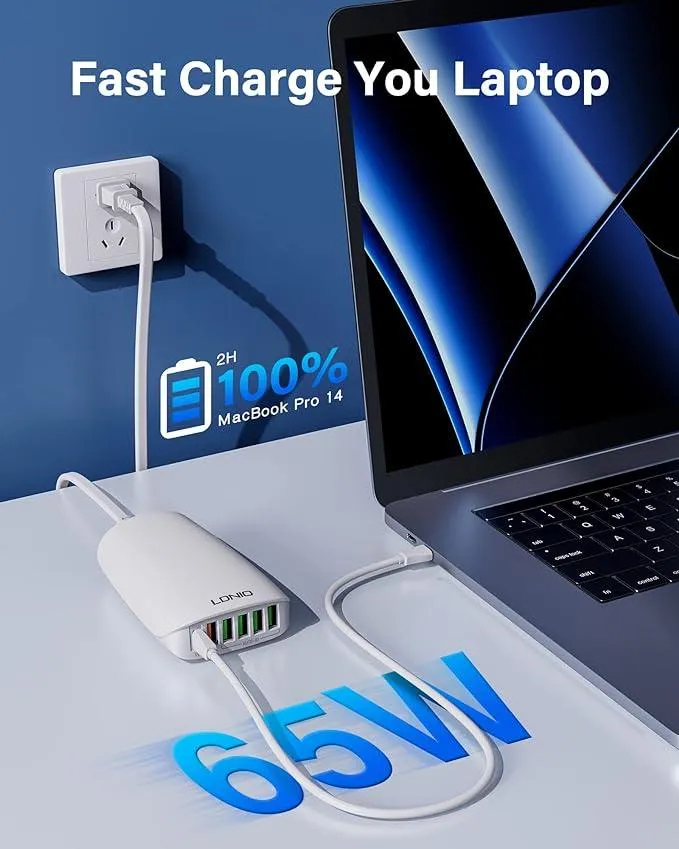 LDNIO 65W PD Fast USB Charger, 6-Port USB C Charging Station with PD3.0 QC4.0 | 600290