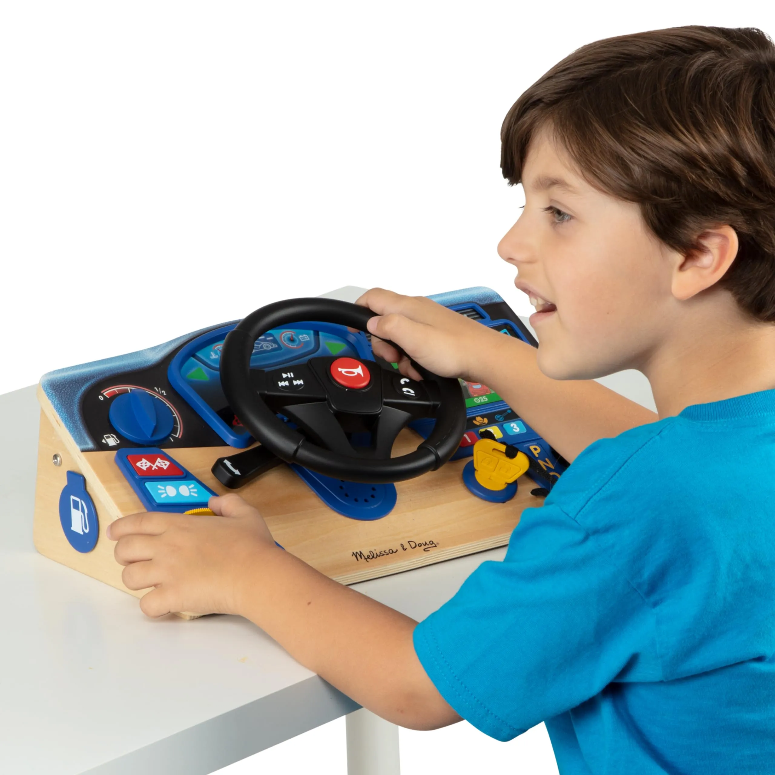 Melissa & Doug Vroom & Zoom Interactive Wooden Dashboard Steering Wheel Pretend Play Driving Toy - FSC Certified