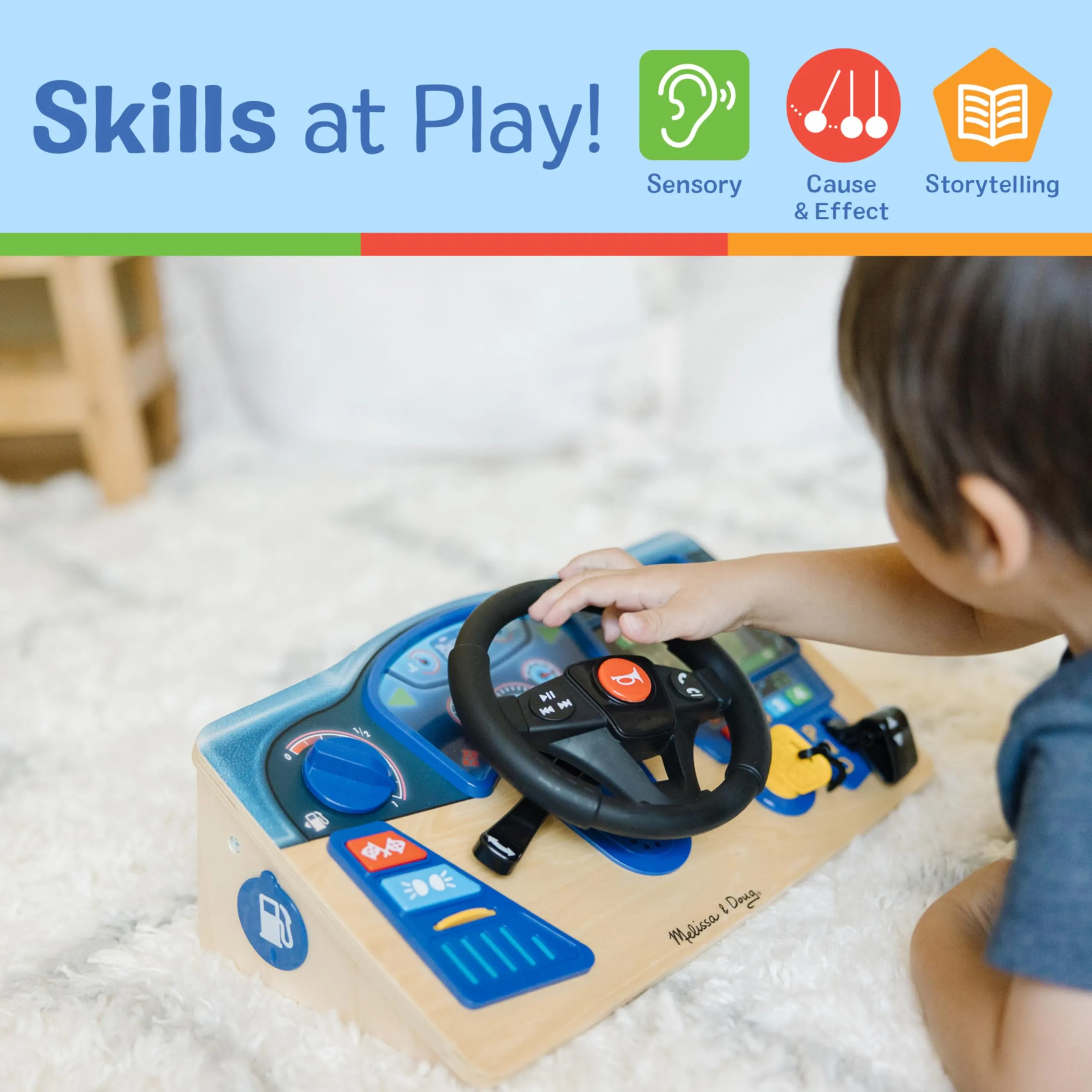 Melissa & Doug Vroom & Zoom Interactive Wooden Dashboard Steering Wheel Pretend Play Driving Toy - FSC Certified