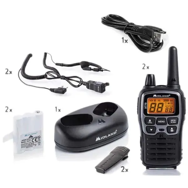 Midland XT70 Walkie Talkie with Earphone Mic, Charging Dock