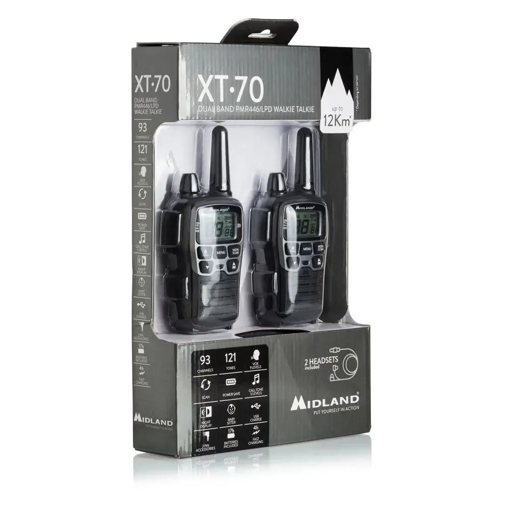 Midland XT70 Walkie Talkie with Earphone Mic, Charging Dock