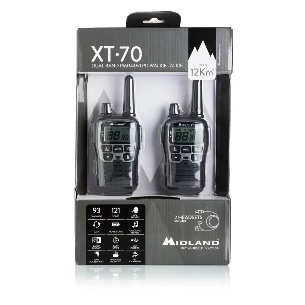 Midland XT70 Walkie Talkie with Earphone Mic, Charging Dock