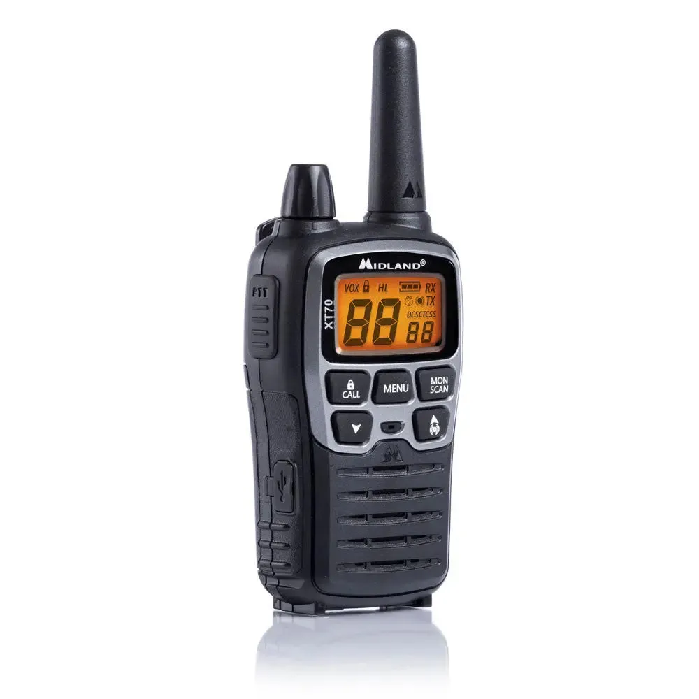 Midland XT70 Walkie Talkie with Earphone Mic, Charging Dock