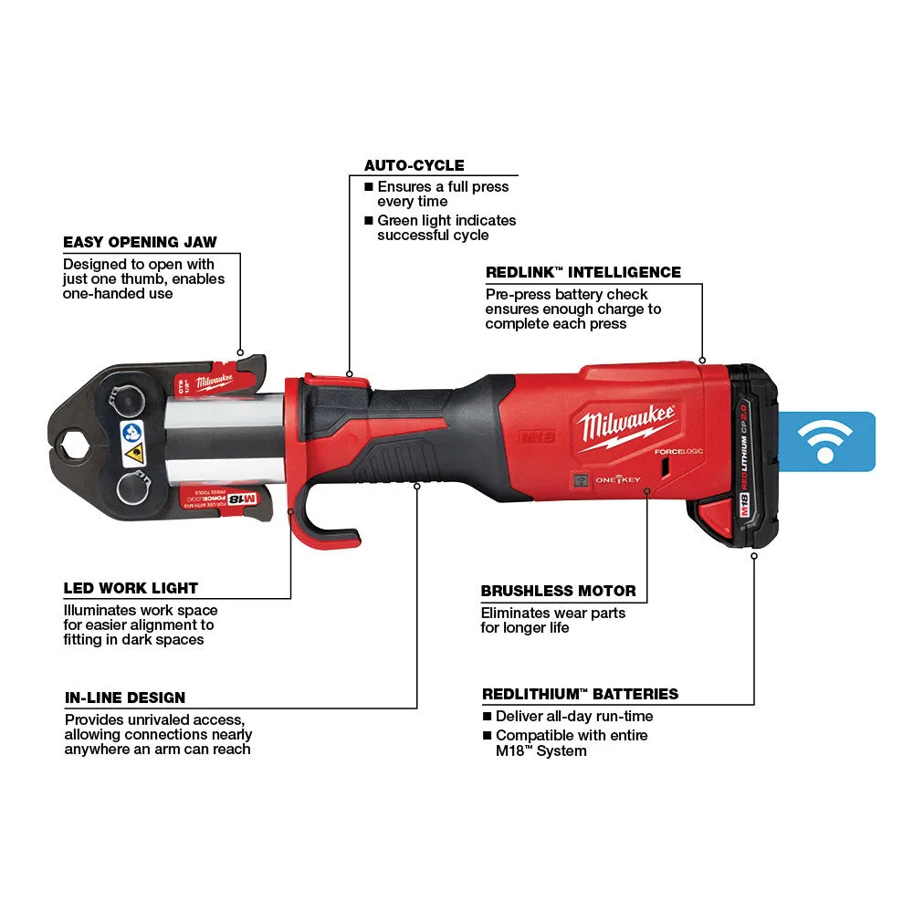 Milwaukee 2922-22 M18 18V FORCE LOGIC Press Tool w/ ONE-KEY w/ 1/2"-2" CTS Jaws