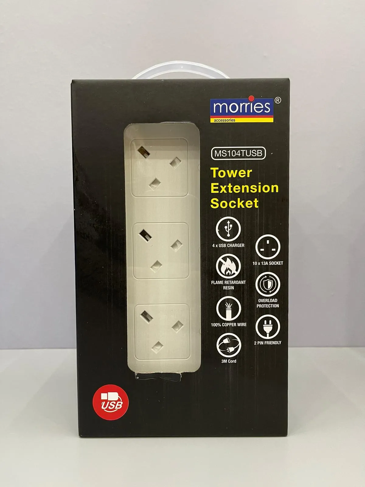 Morris Ms104 10-Way Tower Extn Socket   4 Usb Port With Safety Mark | Model : ESK-MS104