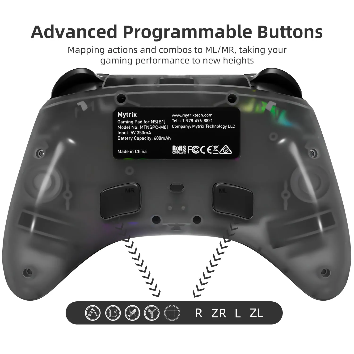 Mytrix Zero-Kirin Wireless Pro RGB Controller with Programmable Back Buttons and Turbo, for Nintendo Switch, PC, Android & iOS