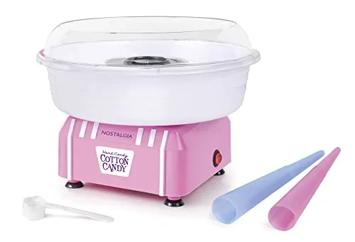 Nostalgia Cotton Candy Machine - Retro Cotton Candy Machine for Kids with 2 Reusable Cones, 1 Sugar Scoop, and 1 Extractor Head – Pink