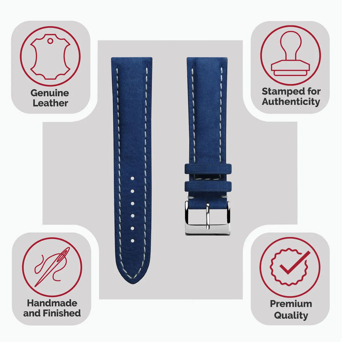 Ostend Thick Padded Leather Watch Strap  - Nubuck Azure Blue