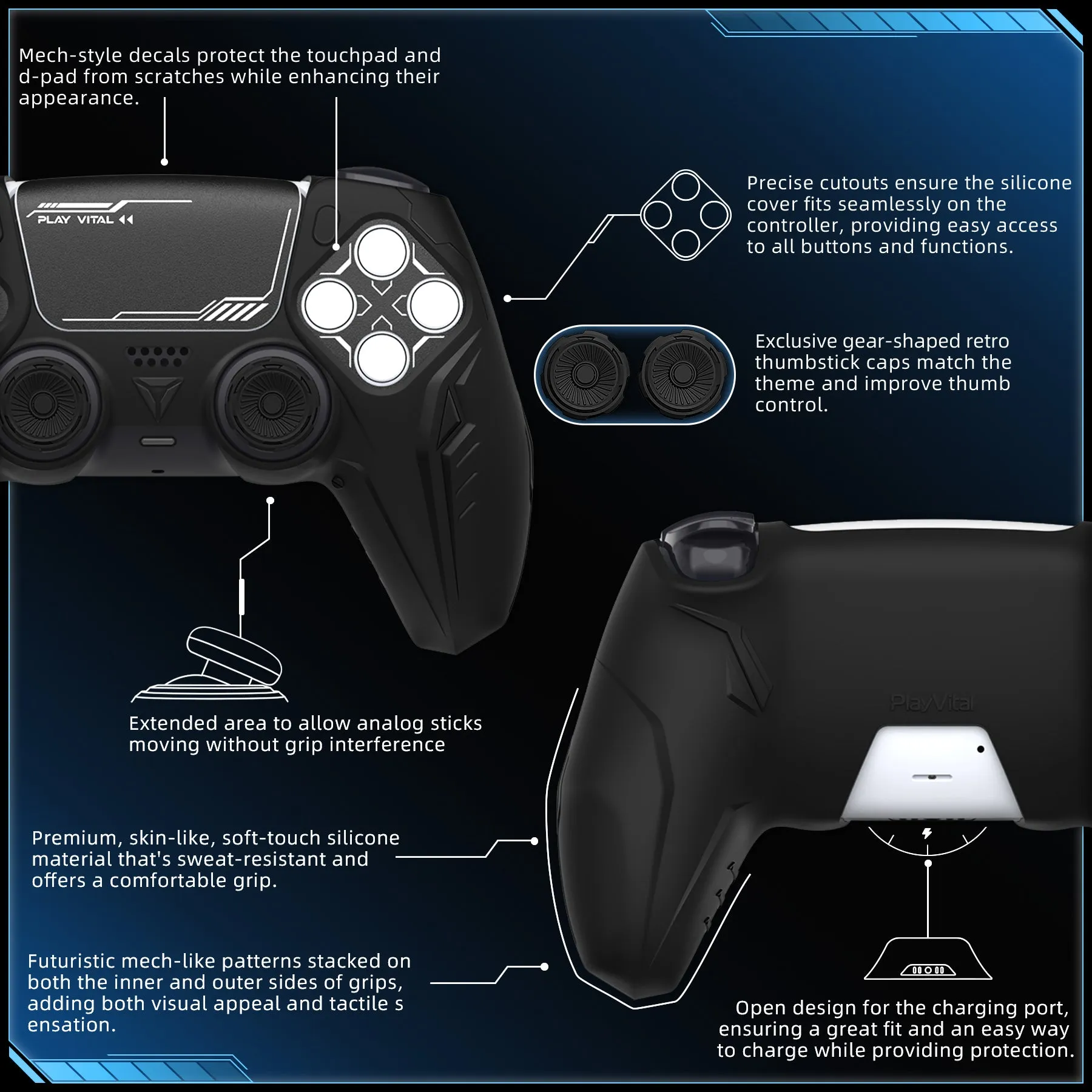 PlayVital 2 Set Futuristic CyberMech Design Silicone Case with Thumb Grips for PS5 Wireless Controller, Compatible with PS5 Official Charging Dock - Black - CHXPFP006