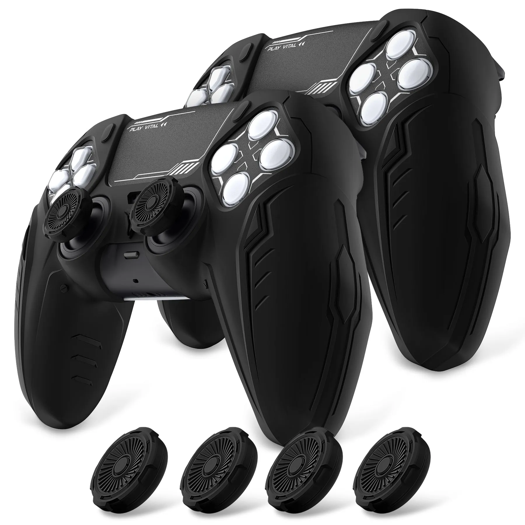 PlayVital 2 Set Futuristic CyberMech Design Silicone Case with Thumb Grips for PS5 Wireless Controller, Compatible with PS5 Official Charging Dock - Black - CHXPFP006