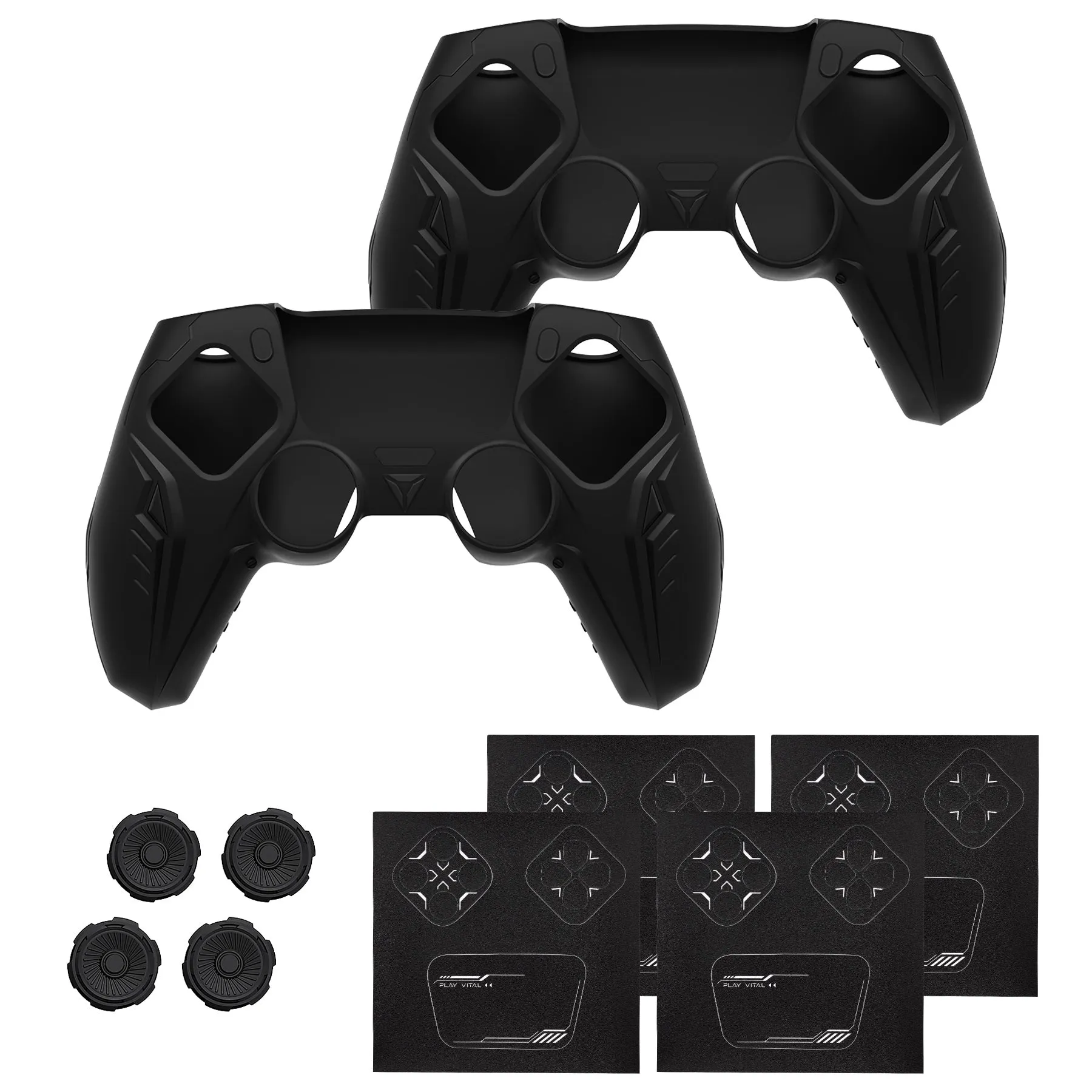 PlayVital 2 Set Futuristic CyberMech Design Silicone Case with Thumb Grips for PS5 Wireless Controller, Compatible with PS5 Official Charging Dock - Black - CHXPFP006