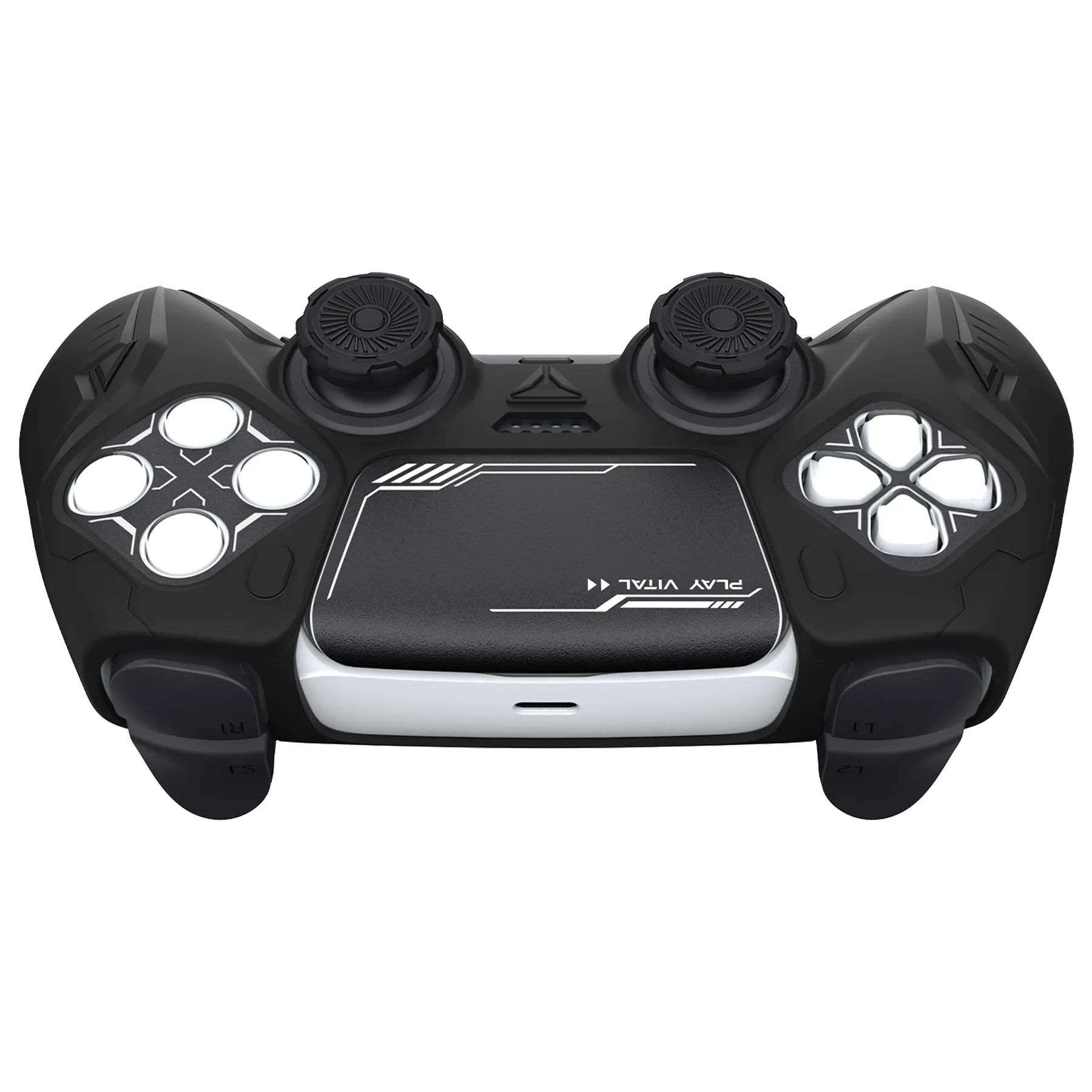 PlayVital 2 Set Futuristic CyberMech Design Silicone Case with Thumb Grips for PS5 Wireless Controller, Compatible with PS5 Official Charging Dock - Black - CHXPFP006