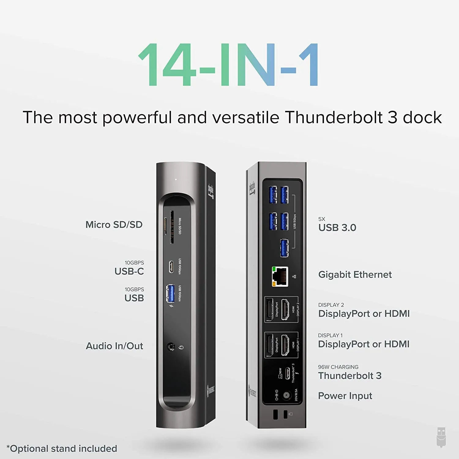 Plugable 14-In-1 USB-C and Thunderbolt 3 Dock - Compatible with Mac and Windows, 96W Laptop Charging, 2X HDMI 2.0 and Displayport, 7X USB Ports, Ethernet, Audio, Sd/Microsd