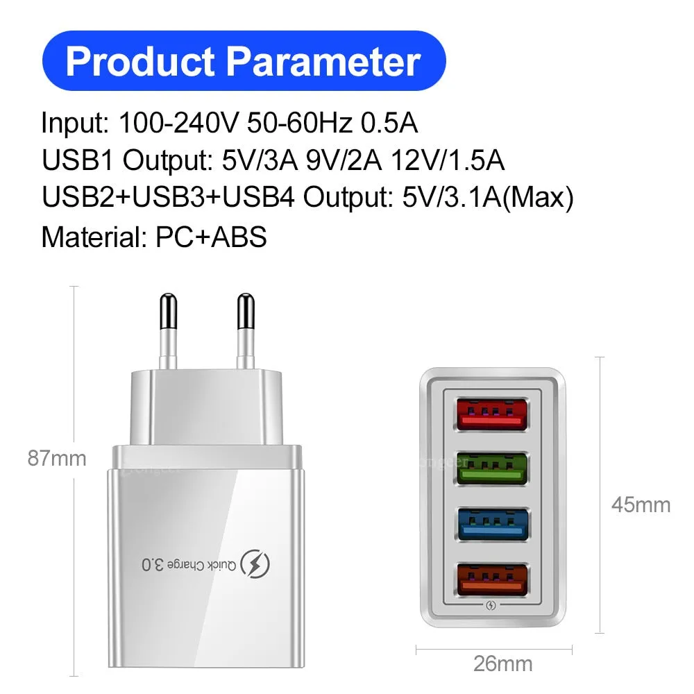 Quick Charge 4.0 USB Charger Universal 4 Port Fast Charging EU US Plug Power Adapter For Samsung S10 iPhone 12 11 Tablet Charge