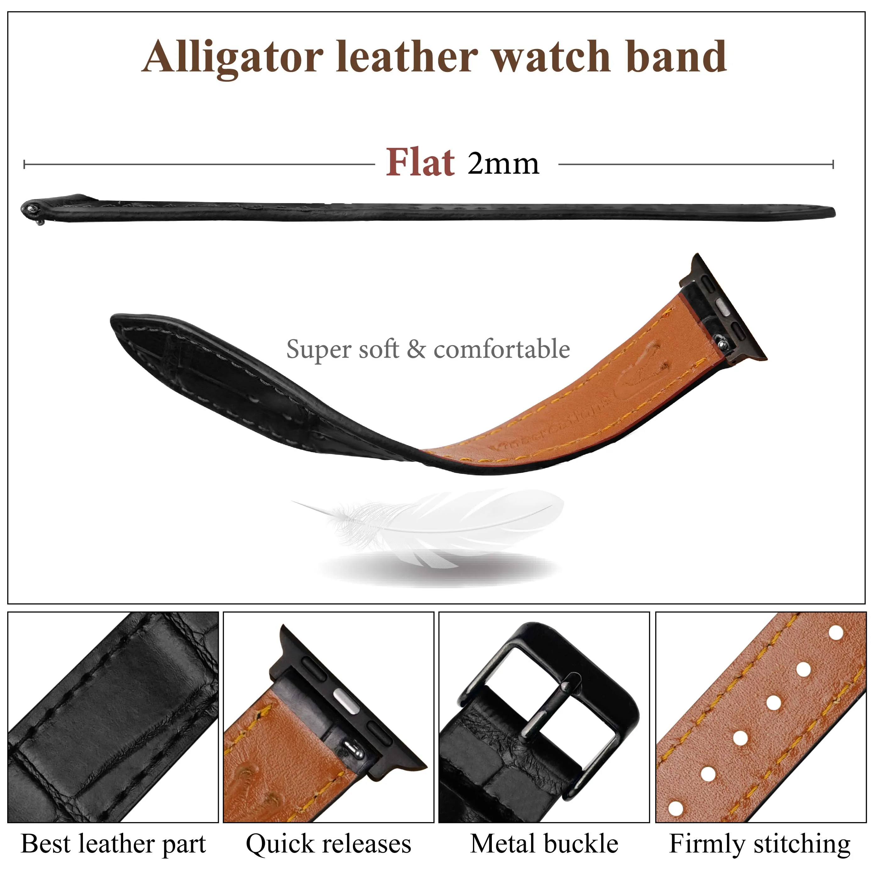 Slim Black Alligator Apple Leather Watch Band