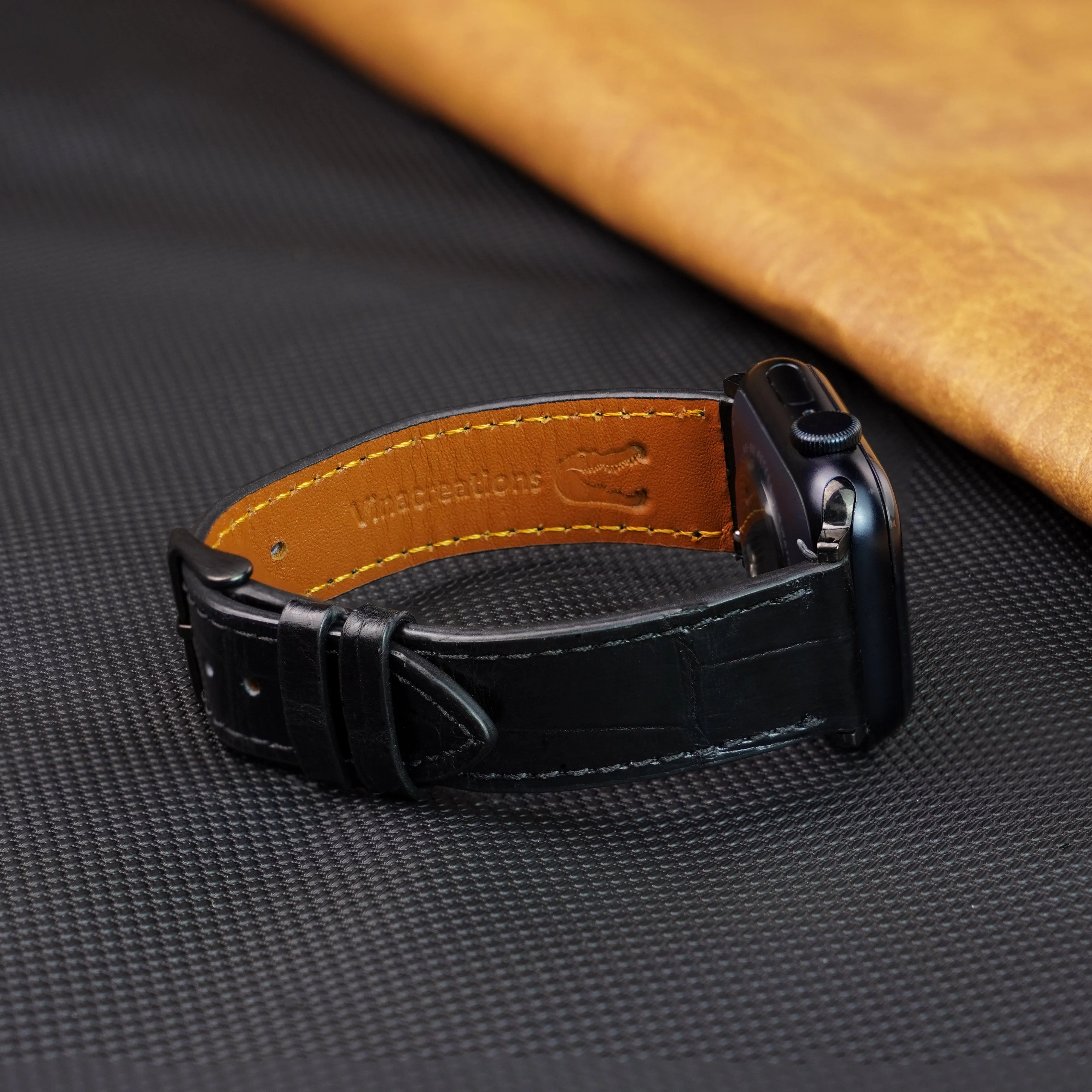 Slim Black Alligator Apple Leather Watch Band