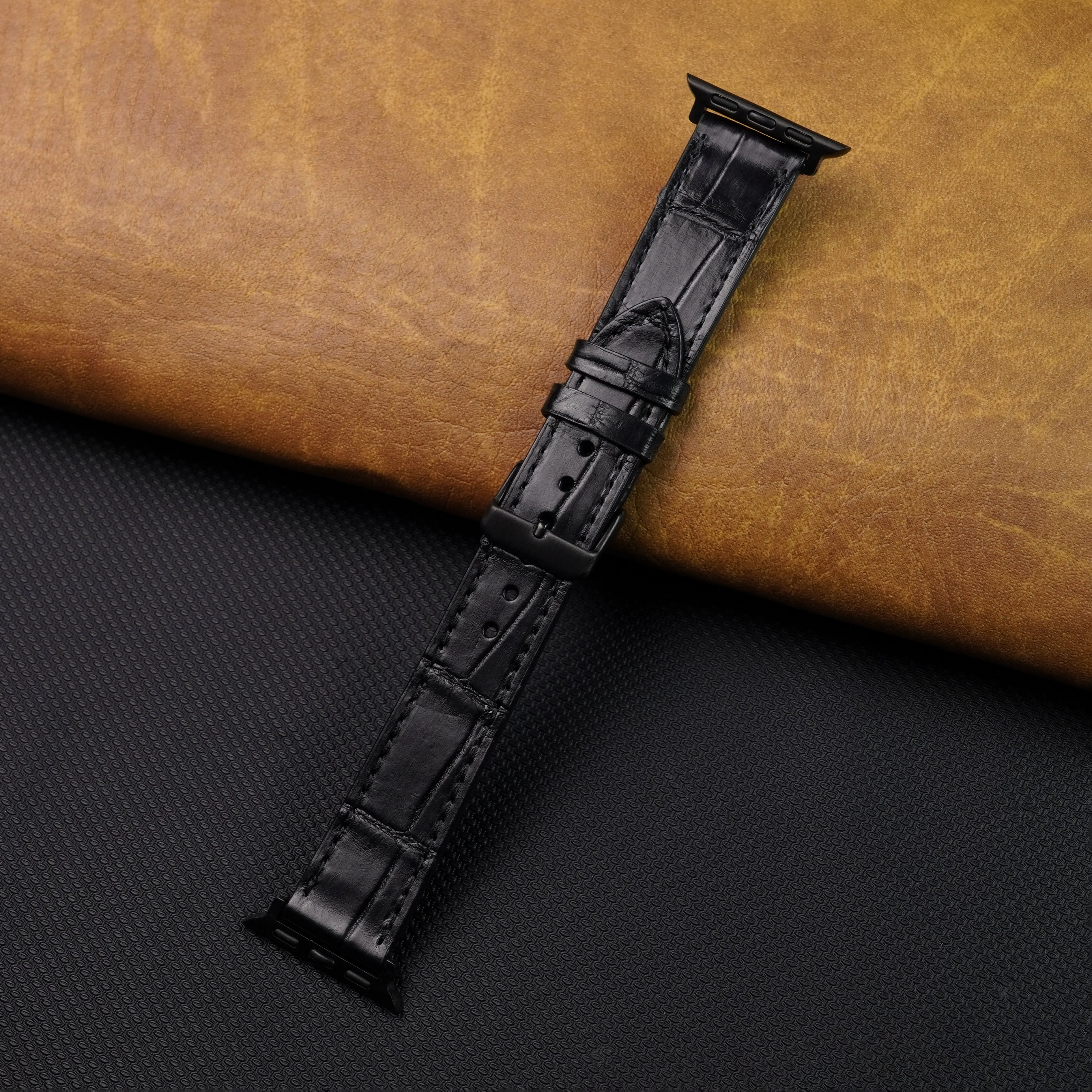 Slim Black Alligator Apple Leather Watch Band