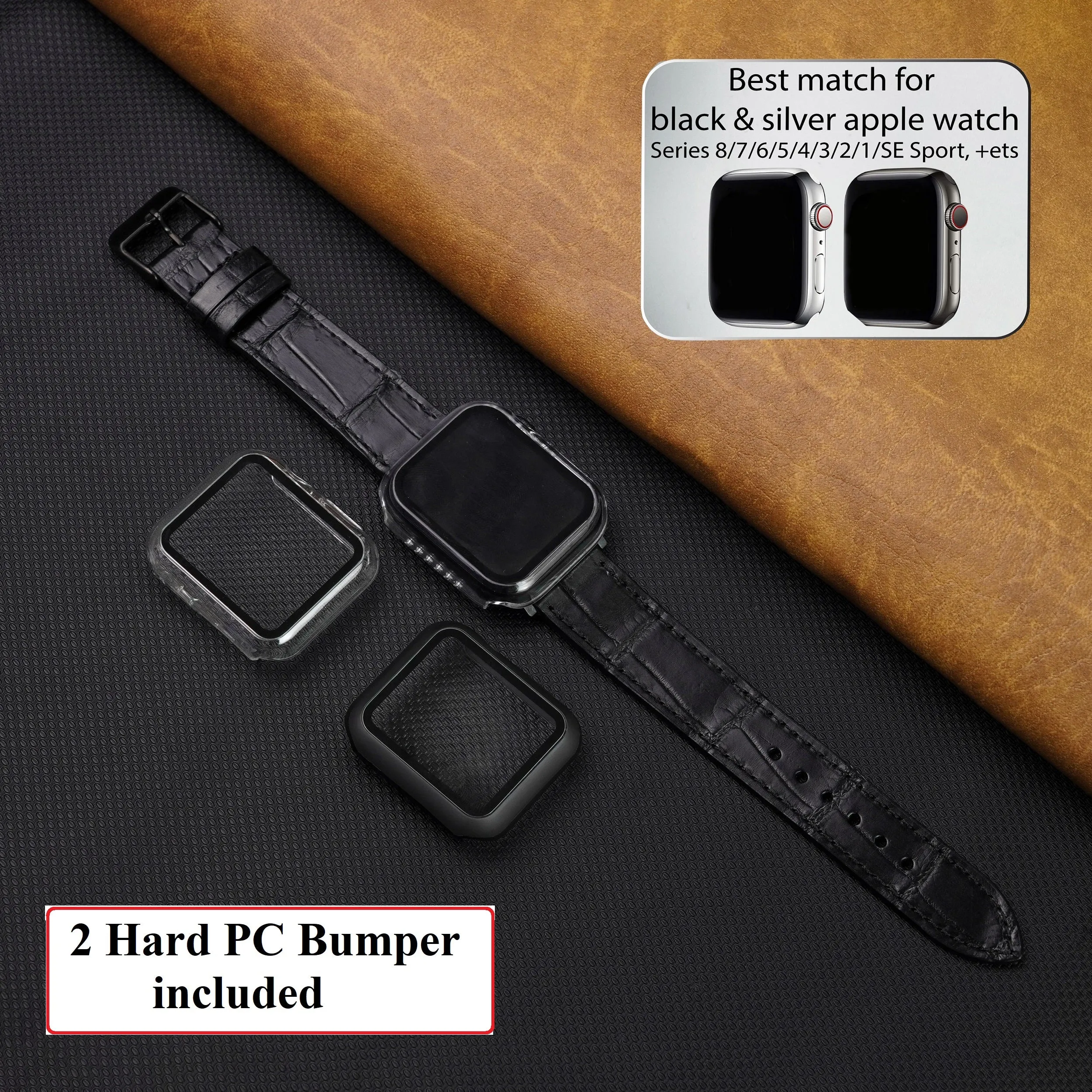 Slim Black Alligator Apple Leather Watch Band