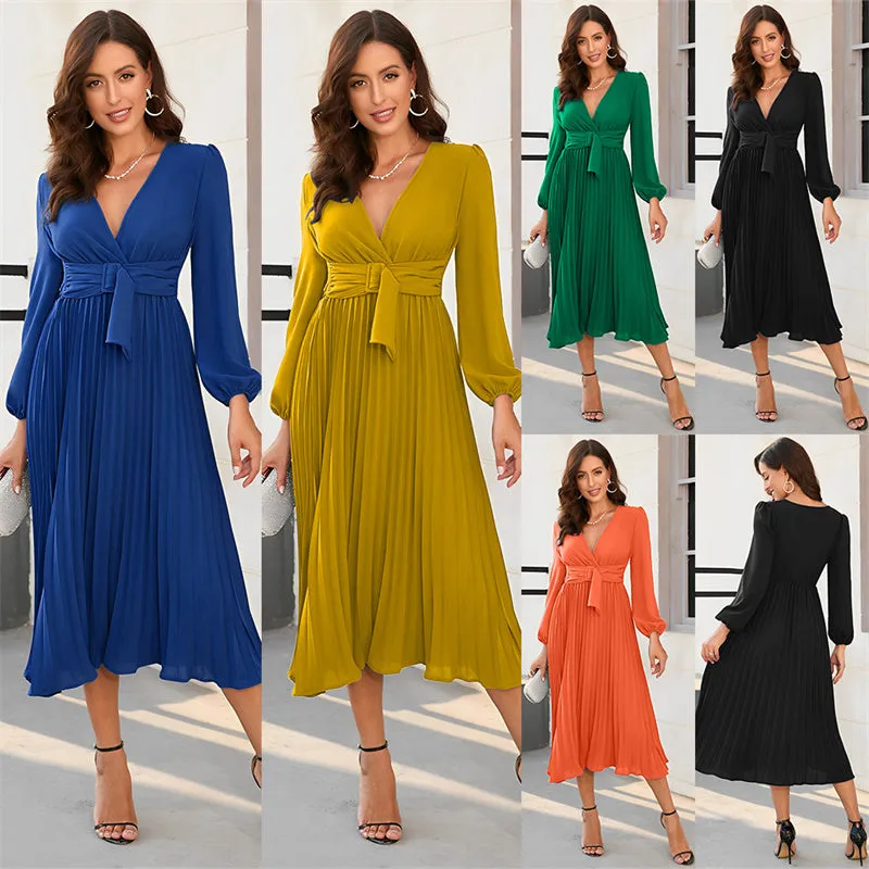 Spring Summer Long Sleeve Slim Fit Pleated Belt V-Neck Dress