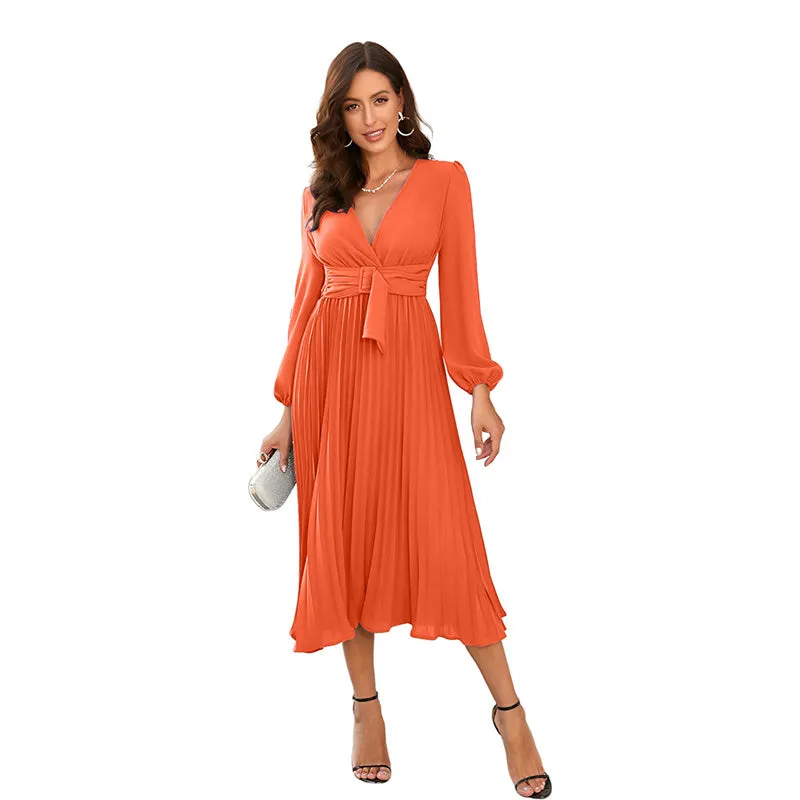 Spring Summer Long Sleeve Slim Fit Pleated Belt V-Neck Dress