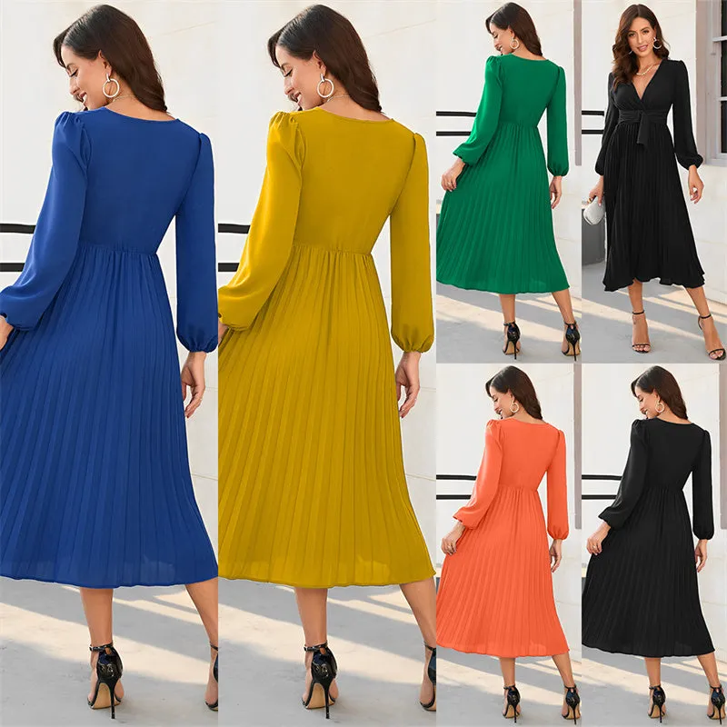 Spring Summer Long Sleeve Slim Fit Pleated Belt V-Neck Dress