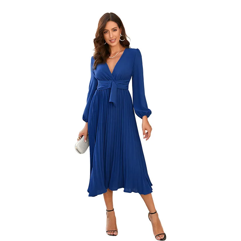 Spring Summer Long Sleeve Slim Fit Pleated Belt V-Neck Dress