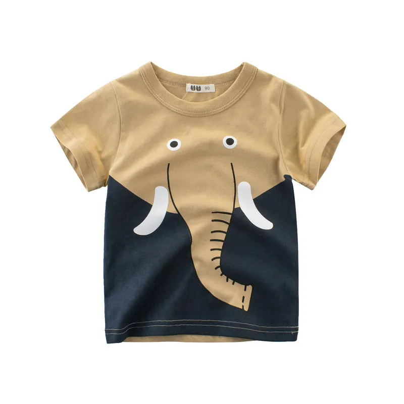 Summer Boys Short Sleeve Cartoon Elephant Lion Pattern T-shirt