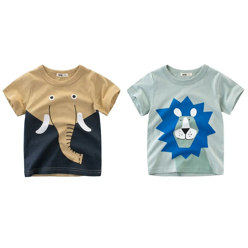 Summer Boys Short Sleeve Cartoon Elephant Lion Pattern T-shirt