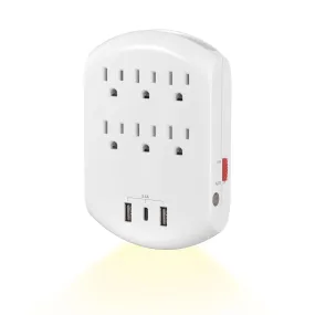 USB Multi Plug Outlet Wall Charger With Auto Sensor LED Night Light, 6 Outlets 3 USB Charging Ports Bn-link