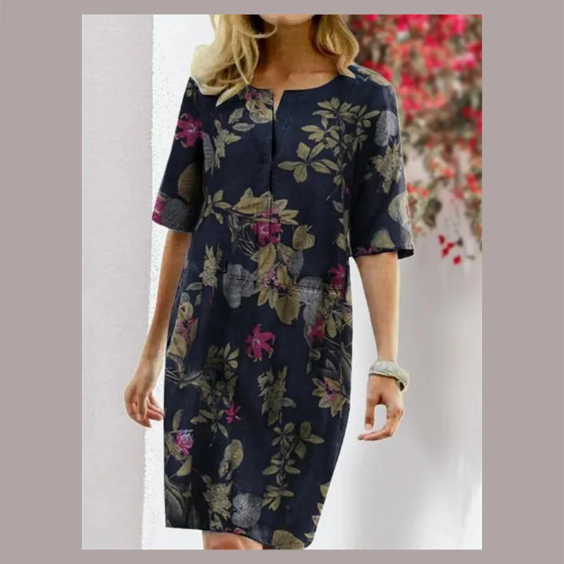 Women O-neck Half Sleeve Floral Print Retro Linen Dress