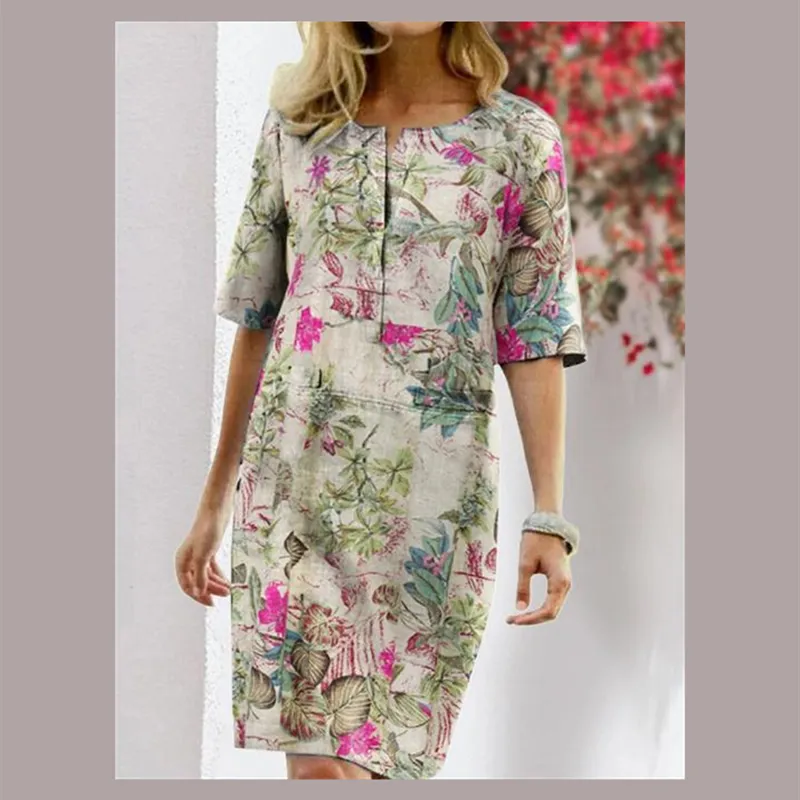 Women O-neck Half Sleeve Floral Print Retro Linen Dress