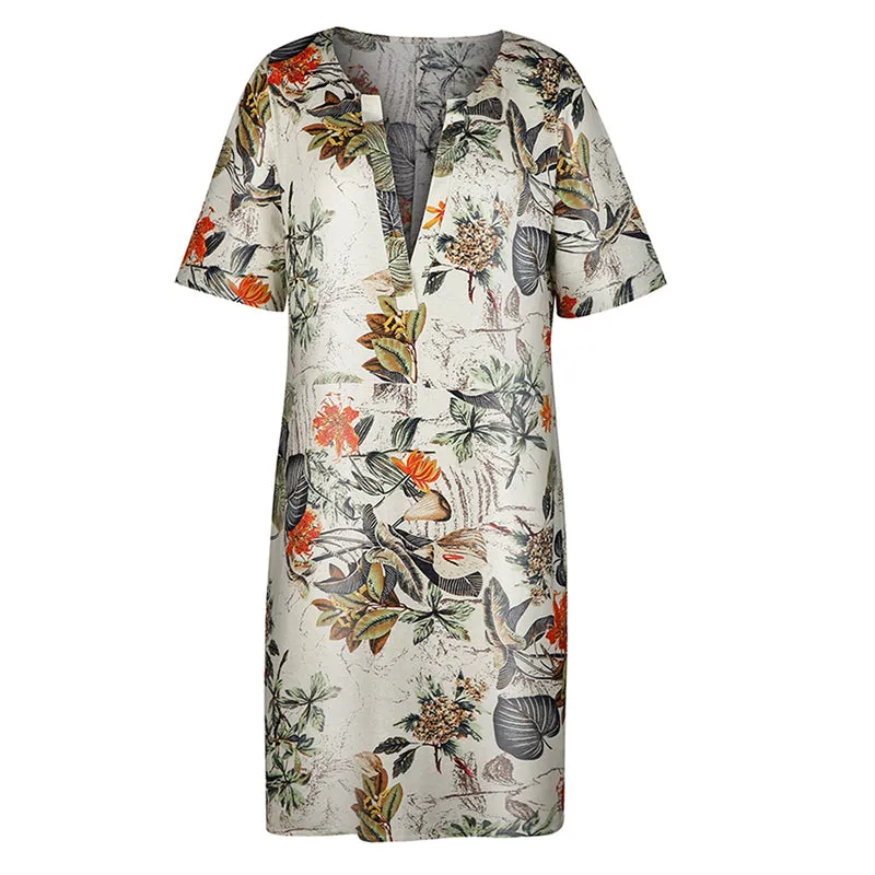 Women O-neck Half Sleeve Floral Print Retro Linen Dress