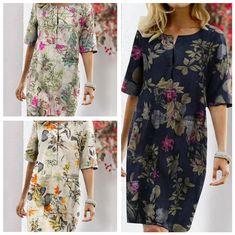 Women O-neck Half Sleeve Floral Print Retro Linen Dress